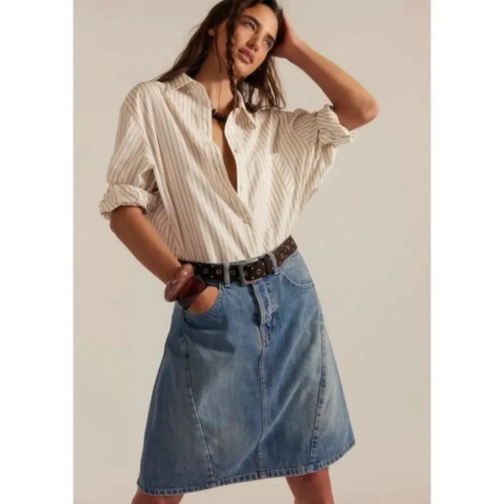 Free People Bohemian Retro 70s Yoko Pleated Denim Jean Skirt Size 31